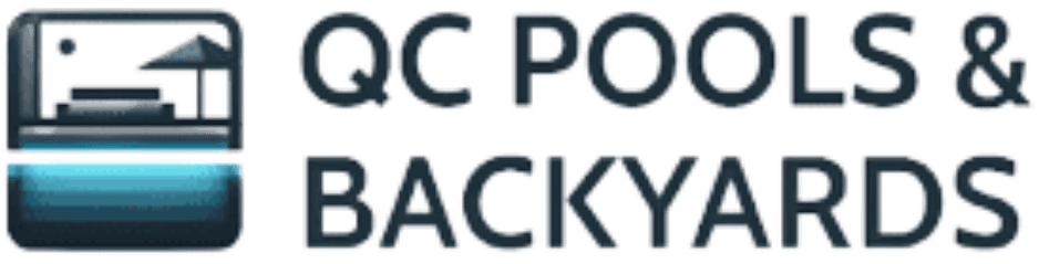 Logo for "QC Pools & Backyards" with a stylized pool and patio graphic on the left.